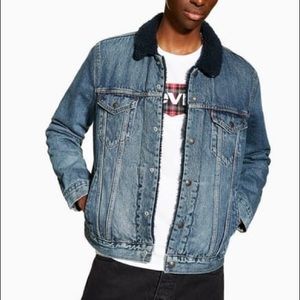 Topman Navy Shearling Jean Jacket